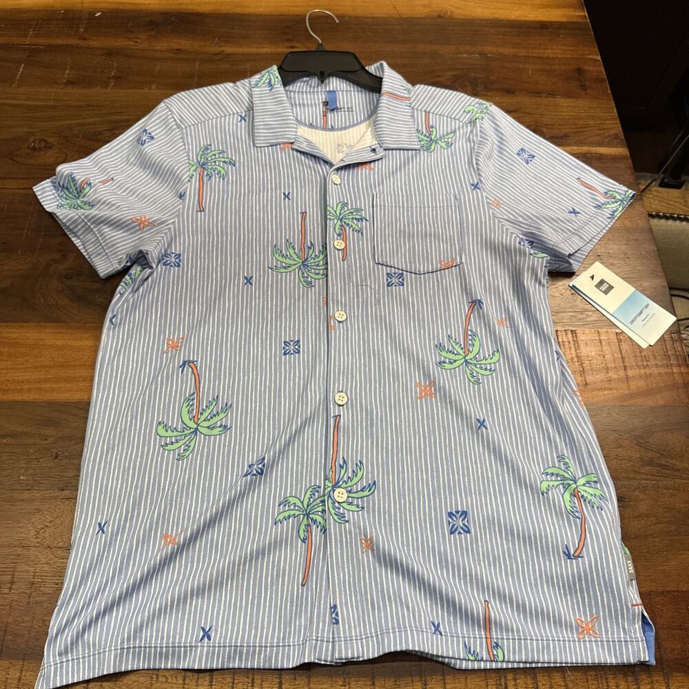 Saxx DropTemp Dry Shirt Mens Medium Blue Tropical Palm Stripe Button Up
